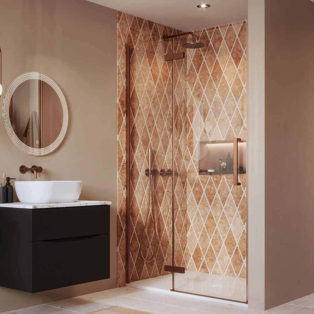 Lifestyle image of Crosswater Asura 8 Brushed Bronze 1200mm Hinged Shower Door & Inline Panel